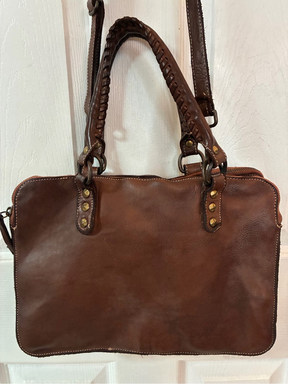 Vintage Costanza Rota Brown Leather Satchel Bag Braided Handles Studded Italy